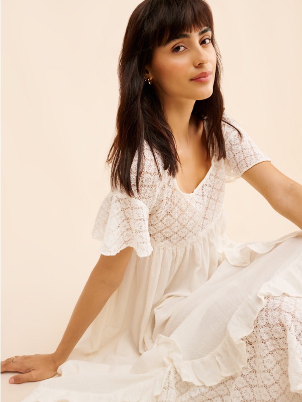 Free People Nwt Cream Ruffled Lace Midi Dress